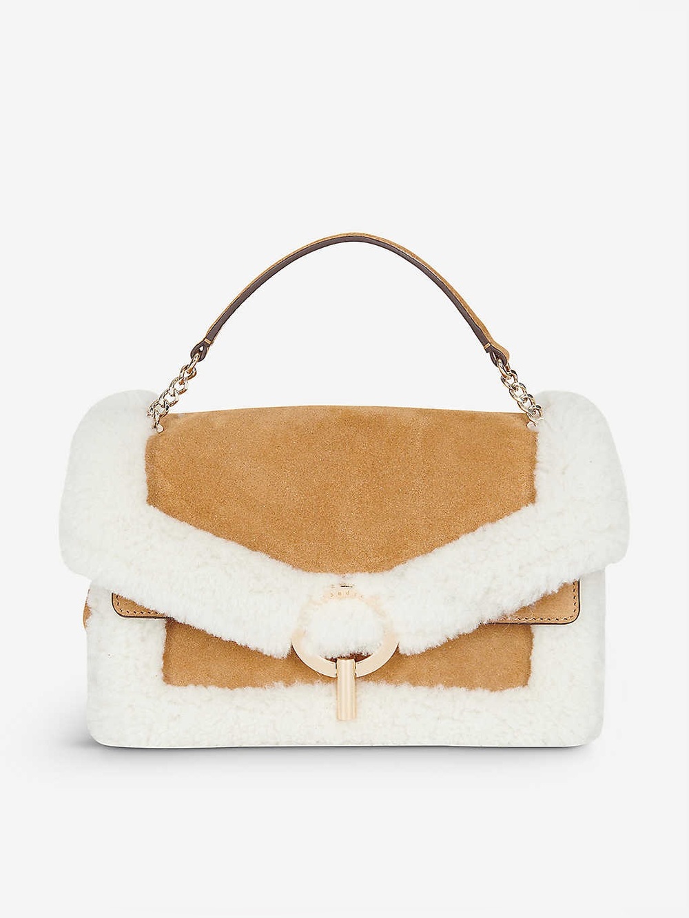 Sandro Yza Shearling Suede Shoulder Bag Camel Cream Gold